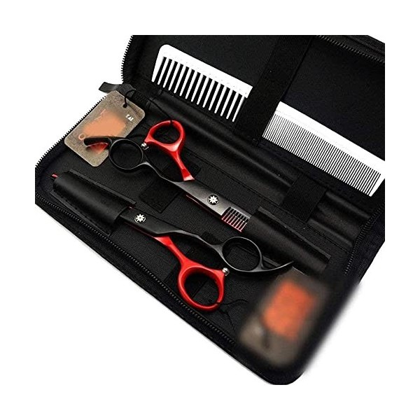Ciseaux de coiffeur 6,0 pouces noir rouge plat + ensemble de ciseaux à dents ensemble de ciseaux de coiffure professionnels-n
