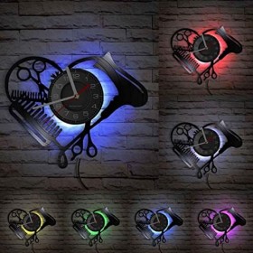YANYUESHOP Salon de Coiffure Outils Disque Vinyle Horloge Murale beauté Salon de Coiffure Forme de Coeur sèche-Ciseaux Peigne