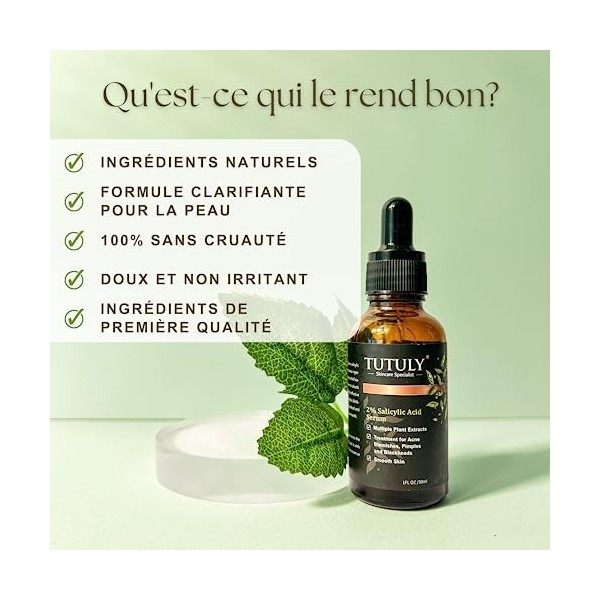 TUTULY Sérum à lacide salicylique avec niacinamide et acide hyaluronique - Formule exfoliante, hydratante et éclaircissante ...