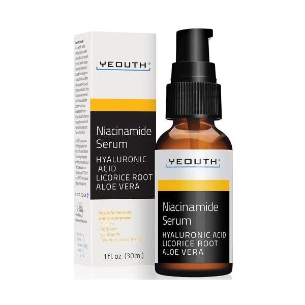 YEOUTH Niacinamide Serum Visage avec Acide Hyaluronique, Biologique, Fabriqué aux USA,Soin Du Visage Qui Cible Les Pores, Les...