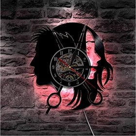 YANYUESHOP LED Veilleuse Cheveux Salon De Beauté Boutique Logo dentreprise Horloge Murale Coiffeurs Salon Élégant Cheveux Ci
