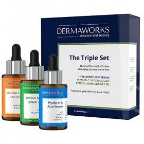 DERMAWORKS Coffret Cadeau Femme Serums Soin Visage 3x30ml: Serum Vitamine C 20%, Retinol et Acide Hyaluronique. Anti-rides, É...