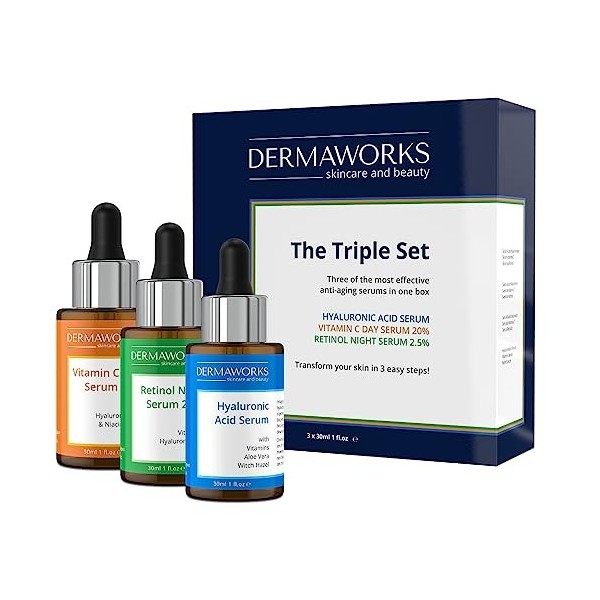 DERMAWORKS Coffret Cadeau Femme Serums Soin Visage 3x30ml: Serum Vitamine C 20%, Retinol et Acide Hyaluronique. Anti-rides, É...