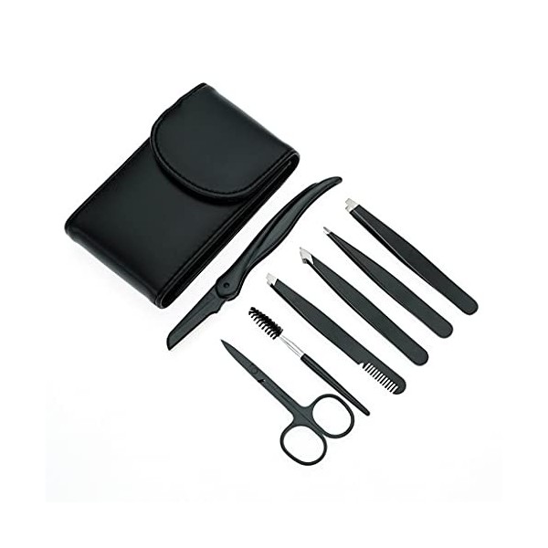 LLRYN Jeu de sourcils à sept pièces Set Outils de beauté Outils en acier inoxydable pince à sourcils Noir Tweezers Ensemble