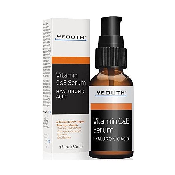 YEOUTH Vitamine C Visage Sérum avec Acide Hyaluronique et de la vitamine E, Anti-âge Sérum pour le Visage Cibles Rides/Taches