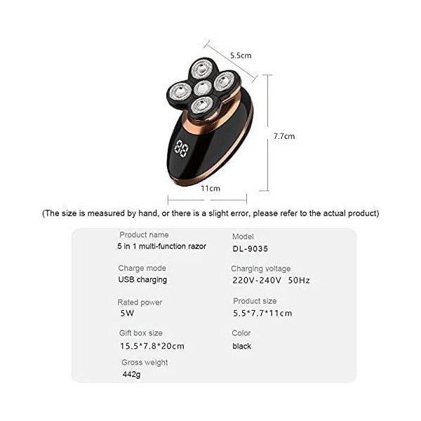 5 in1 Rasoir de tête électrique Ensemble de Rasage Chauve également Rasoir de tête avec Tondeuse Nez et Oreille Trimmer Netto