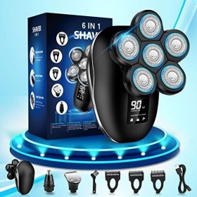 Rasoir de tête, rasoir électrique 6 en 1 pour homme chauve, rasoir rotatif sans fil étanche IPX7 avec écran LED, rasoir de tê