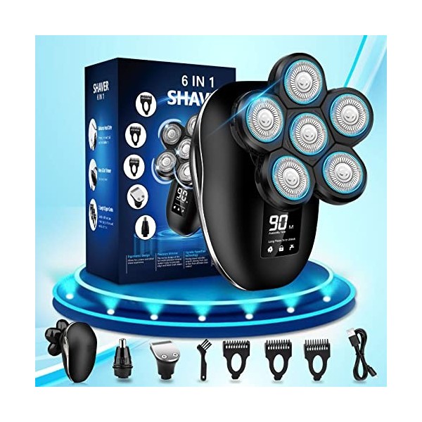 Rasoir de tête, rasoir électrique 6 en 1 pour homme chauve, rasoir rotatif sans fil étanche IPX7 avec écran LED, rasoir de tê