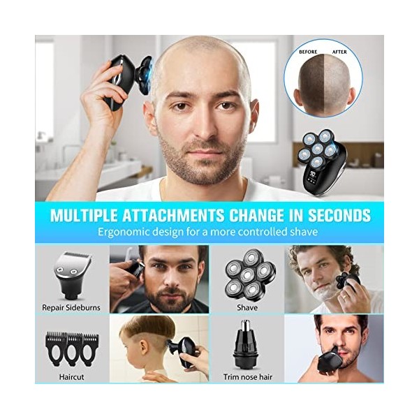 Rasoir de tête pour homme, rasoir électrique 6 en 1 pour homme - Rasoir électrique sans fil pour homme IPX7 - Étanche IPX7 - 