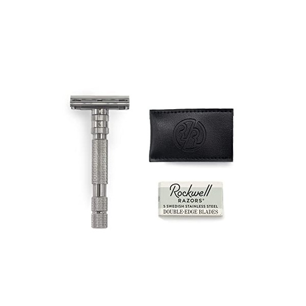 ROCKWELL RAZORS Rasoir de sécurité T2 à long manche avec réglage infini, 5 lames et sac de voyage en cuir, blanc chromé