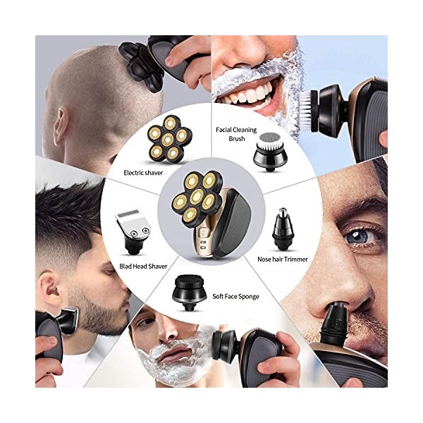 Rasoir électrique pour homme, 5 en 1,4D rechargeable à tête chauve, rasoir électrique 5 têtes flottantes, barbe, nez, oreille