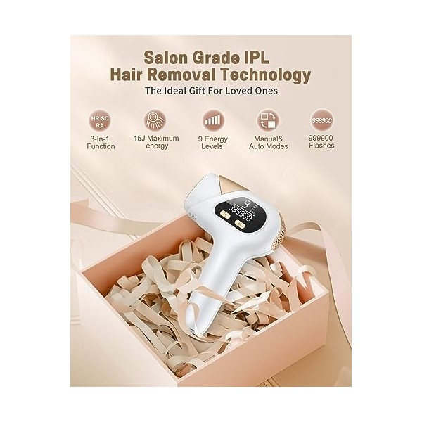 Glattol IPL Hair Removal with 9 Intensity Level, 3 in 1 Laser Hair Removal Device with HR/SC/RA, 999,900 Light Pulses for Fac