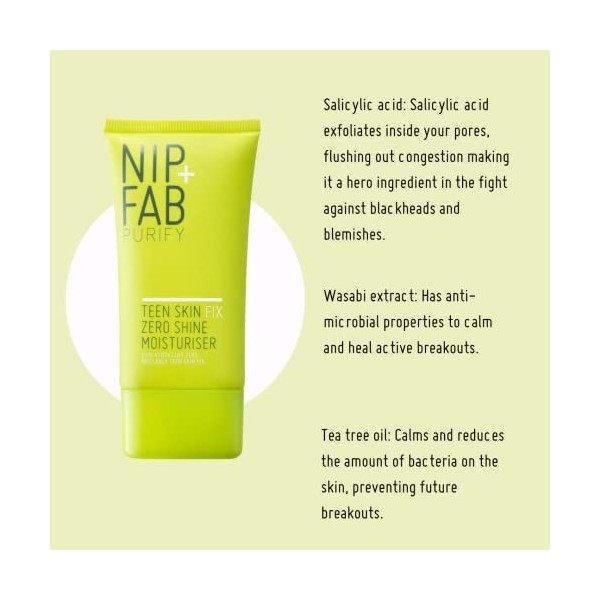 Nip+Fab Teen Skin Fix Zero Shine, Crème Hydratante pour le Visage à la Niacinamide et à lExtrait de Wasabi Antioxydant, Trai ...