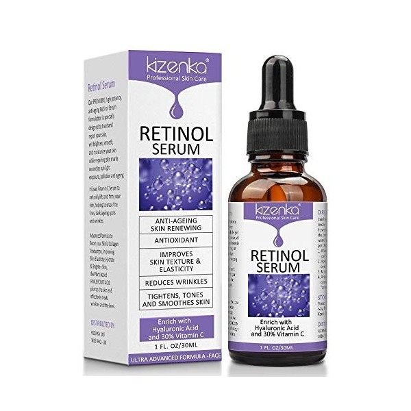 kizenka Retinol Serum with Acide Hyaluronic and Vitamin C, Professional Skincare, Anti Aging Wrinkles Facial Serum, Formulé p