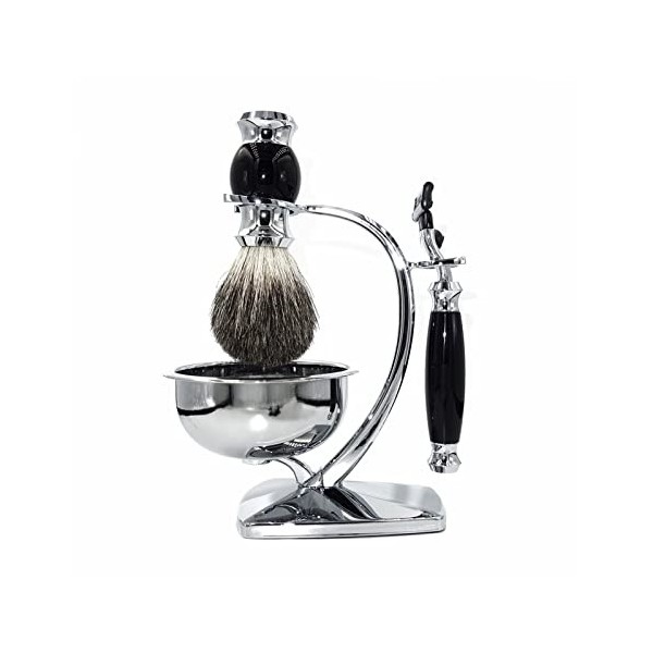 WWWFZS Ensemble-Cadeau de kit de Rasage pour Hommes 4 en 1 avec Brosse à Cheveux de Blaireau Pur au Miel Naturel et Rasoir de