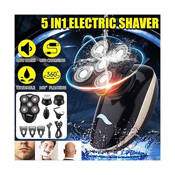 Rasoir électrique pour homme, 5 en 1 rechargeable, cinq têtes flottantes, tondeuse à cheveux, nez, oreilles, brosse de nettoy