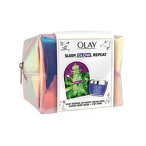 Sleep, Glow, Repeat. Olay + Aussie Giftset. Olay Retinol24 Night Moisturiser 50ml + Aussie Calm the Frizz Hair Mask with Cap 