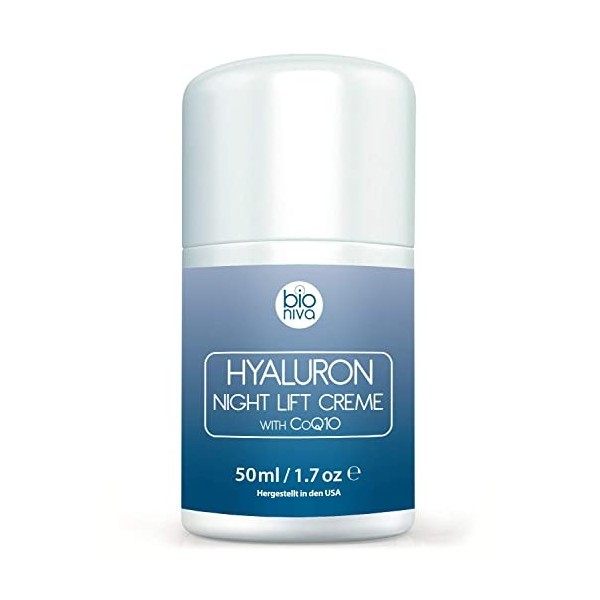 Crème de nuit dacide hyaluronique. Crème hydratante anti-âge et anti-rides grâce dingrédients végans et naturels. Peptides,