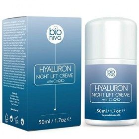 Crème de nuit dacide hyaluronique. Crème hydratante anti-âge et anti-rides grâce dingrédients végans et naturels. Peptides, C...