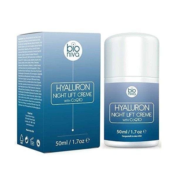 Crème de nuit dacide hyaluronique. Crème hydratante anti-âge et anti-rides grâce dingrédients végans et naturels. Peptides, C...