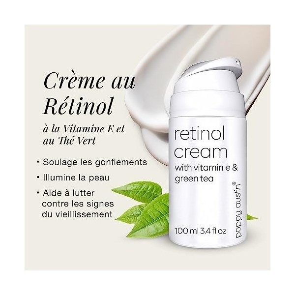 Poppy Austin Retinol, Creme Retinol Pure 100 ml Visage - Retinol Cream Végane à la Vitamine E & Thé Vert - Hydratant Bio pour...