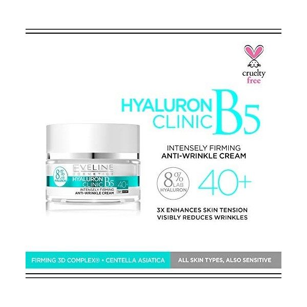 Eveline Cosmetics Hyaluron Clinic Crème Raffermissante Liftante Anti-Rides 40+ | 50ml | Sérum Anti-Âge Pour Peaux Matures Crè...