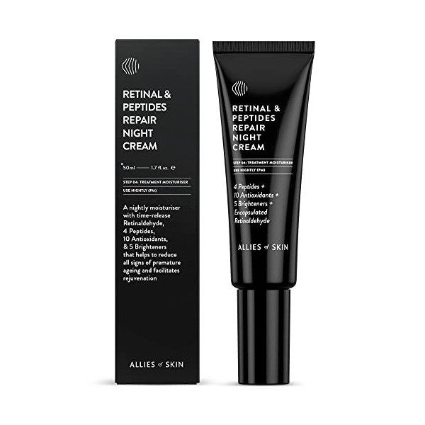 Allies of Skin Retinal & Peptides Repair Night Cream: Retinaldehyde, Hyaluronic Acid, Argan Oil. Overnight Mask. Antioxidant.