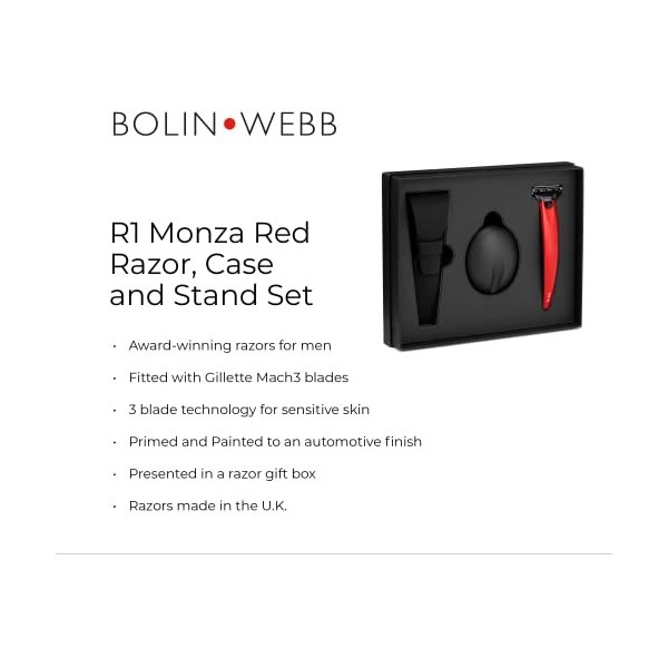 Bolin Webb Poignée Monza rouge avec support pour rasoir et étui de voyage étanche. Équipé de la technologie Gillette Mach3 Bl