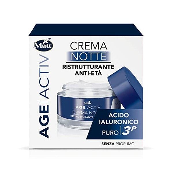 Matt Age Activ Crème Visage Restructurant Anti Age Notte - Acide Hyaluronique 3P - Redresseur et Lissage, Hydratation Profond