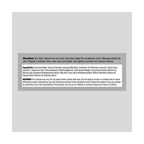 Crème de nuit au collagène et placenta, acide hyaluronique, 4 oz 113 g Crème Jour et Nuit