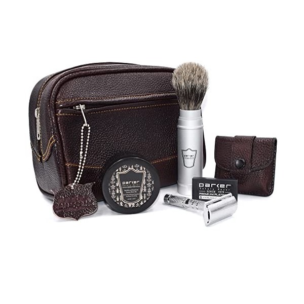 Parker Kit de rasage de voyage – Comprend un sac de voyage Dopp, un rasoir, un blaireau et un savon de rasage