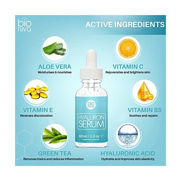 Bioniva Sérum à lAcide Hyaluronique Hydratant pour le visage contient Vitamine C + thé vert + Vitamine E. Hyaluron Sérum ant ...