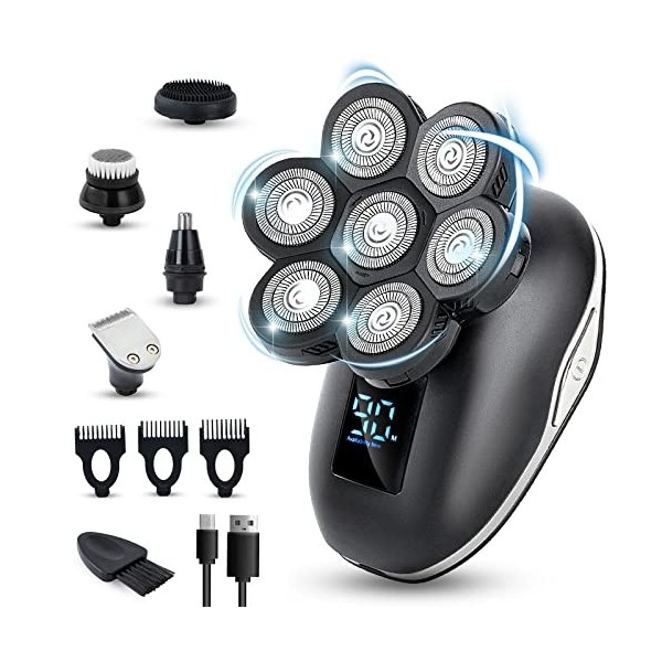 UPTARD 7D Rasoir Electrique pour Homme 5 en 1 Rasoir Tête Chauve avec Affichage LED Tondeuse à Barbe Rechargeable Kit de Toil