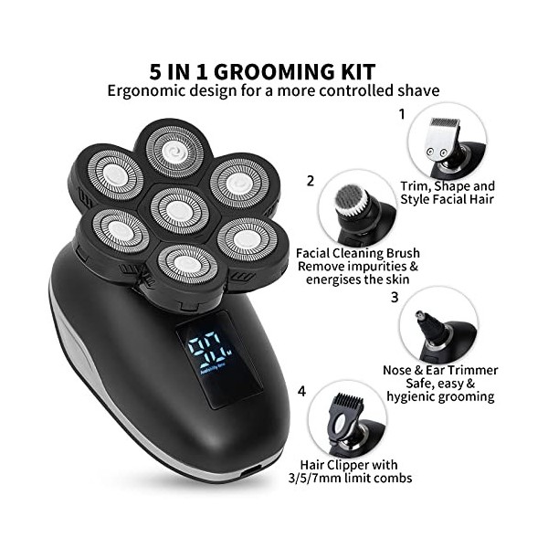 UPTARD 7D Rasoir Electrique pour Homme 5 en 1 Rasoir Tête Chauve avec Affichage LED Tondeuse à Barbe Rechargeable Kit de Toil