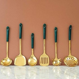 ZHENAO Ustensil Ustensil Kit Ustensiles de Cuisine Nordic Golden Cuisson de Cuisson de Couleur Verte Couramique Poignée de Cu