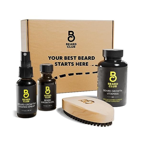 Beard Club Kit essentiel pour la croissance de la barbe – Huile de croissance, vitamines de croissance, spray vitaminé et bro