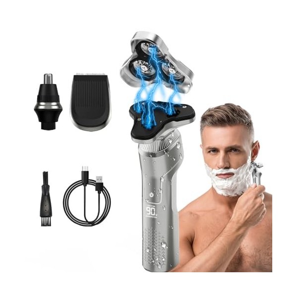 ETENTOUS Rasoir Electriques Hommes 3 EN 1 Rasoir électrique avec 3D Têtes Rotatives, Rasoir Rechargeable avec Ecran LCD, Rasa