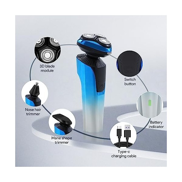 PHXCHAM Rasoir électrique pour homme, rechargeable et étanche, rasage humide et sec avec tondeuse pop-up, charge rapide en 1 