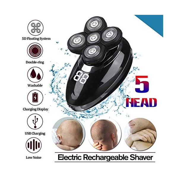 Rasoir électrique 5 en 1 rechargeable pour homme, tête chauve, 5 têtes flottantes, barbe, nez, oreilles, poils