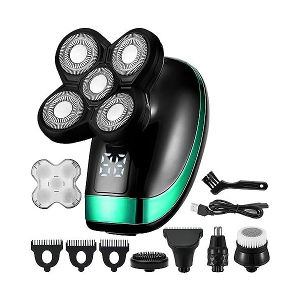 Rasoir électrique pour homme, 5 en 1 4D rechargeable tête chauve, rasoir électrique 5 têtes flottantes pour barbe, nez, oreil