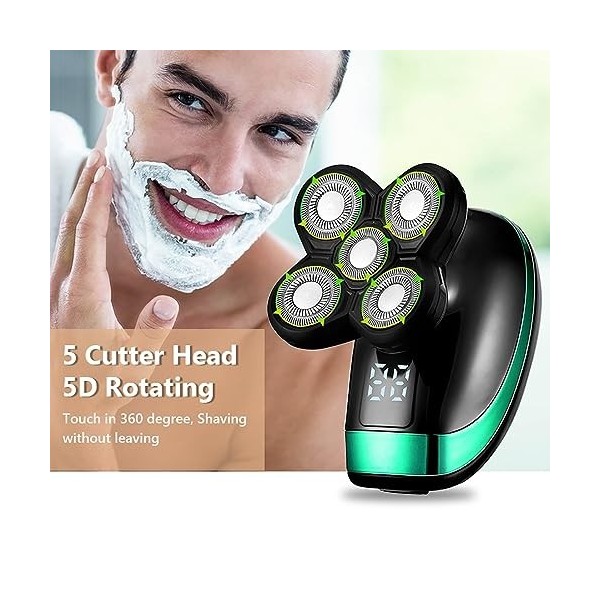 Rasoir électrique pour homme, 5 en 1 4D rechargeable tête chauve, rasoir électrique 5 têtes flottantes pour barbe, nez, oreil