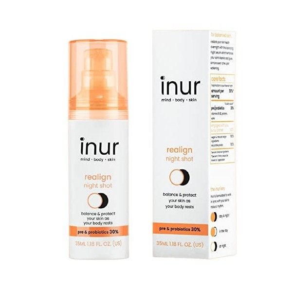 INUR Beauty Realign Sérum de nuit professionnel et prébiotique pour un éclat plus unifié et un ton uniforme, 100 % naturel, v