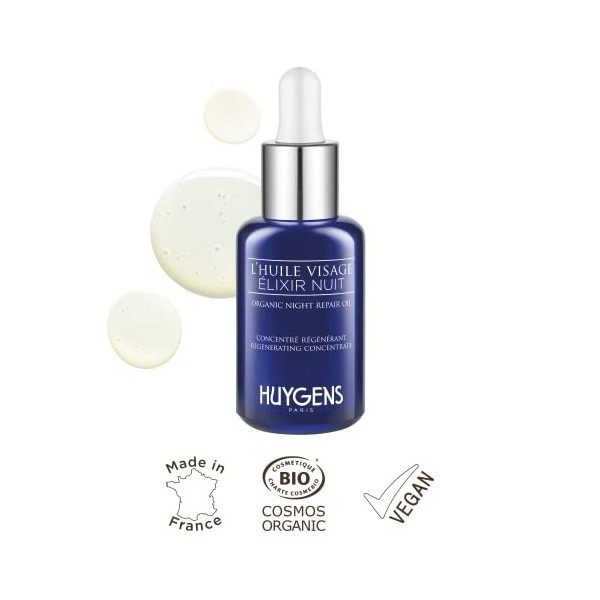 HUYGENS - Huile Visage Elixir Nuit - Sérum Nuit Certifié BIO - 30mL - Concentré Régénérant Perfecteur De Peau - 99% naturelle...