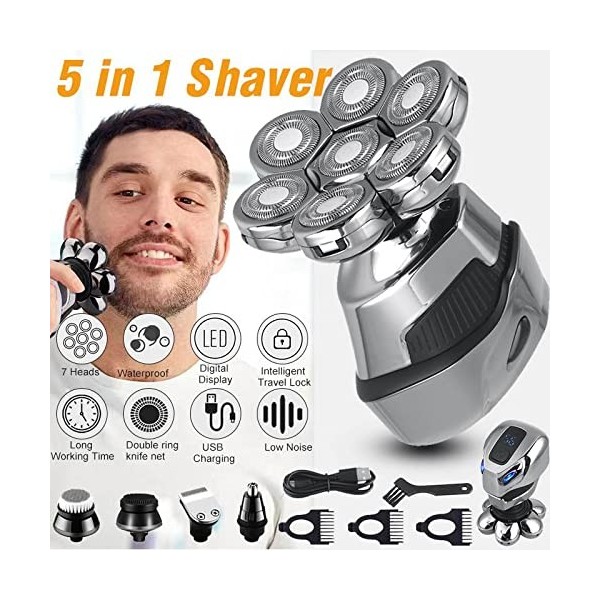 Rasoir électrique pour hommes, 7D rechargeable tête chauve, rasoir électrique pour hommes, cheveux, nez, oreilles, barbe, ton