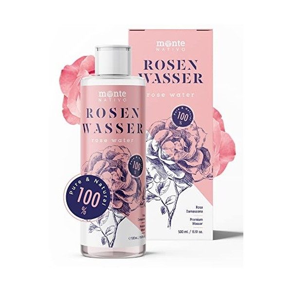 100% Pure Eau de Rose MonteNativo - 500ml - 100% Naturel, Lotion Tonifiante pour le visage, Hydrolat naturel de rose, Triple 