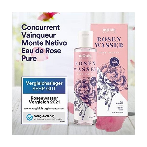 100% Pure Eau de Rose MonteNativo - 500ml - 100% Naturel, Lotion Tonifiante pour le visage, Hydrolat naturel de rose, Triple 