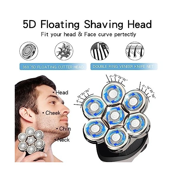 Rasoir électrique pour homme, rasoir électrique 7D pour hommes chauves, étanche, LCD, kit de toilettage électrique sans fil, 