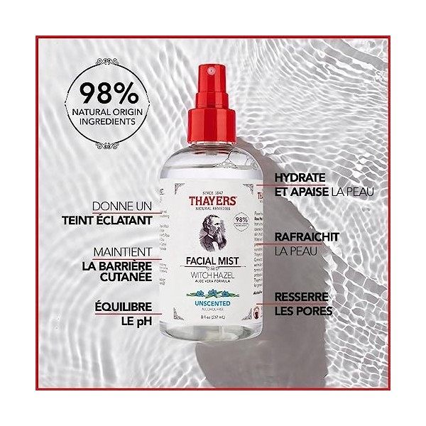 Thayers Lotion brume tonique douce Sans Parfum - Hamamélis & Aloe vera bio - hydratation & pores resserrés - sans alcool - sa