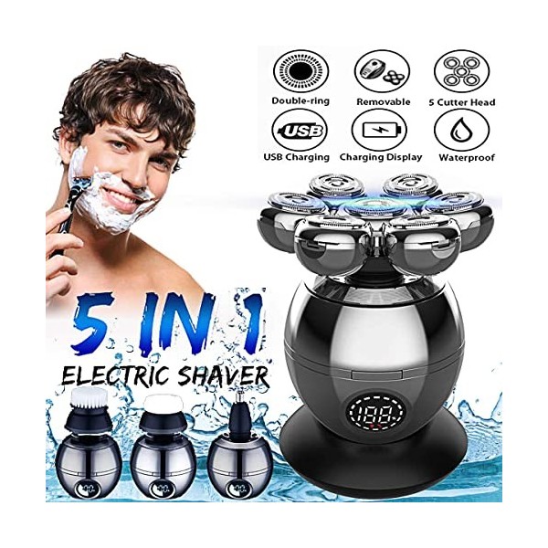 Rasoir électrique 5 en 1 7D rechargeable pour homme Tête chauve Rasoir électrique Écran LCD Barbe Nez Oreille Cheveux Tondeus