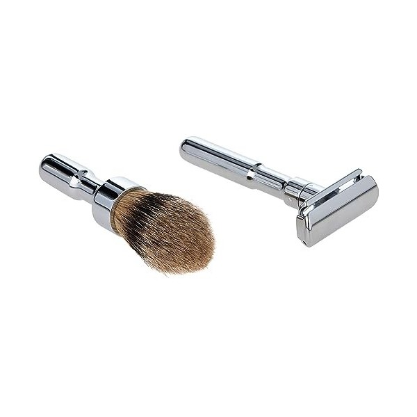 Merkur - Kit de Rasage 3 Pièces Brillant, incluant Rasoir Futuri, Blaireau Pur Gris et Support